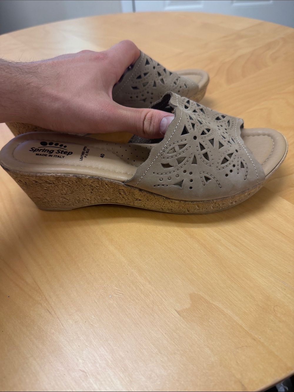 Spring Step Leather Taupe Cutout Cork Wedge Mule